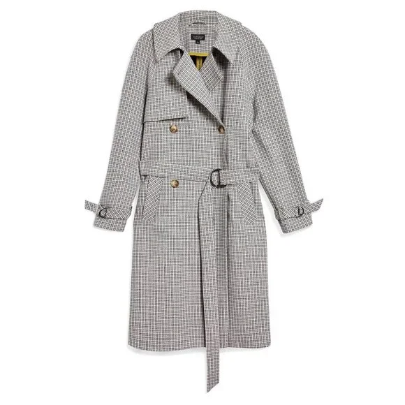 🆕TOPSHOP Angie Double Breasted Trench Coat Houndstooth Plaid Blue Gray - Picture 7 of 12